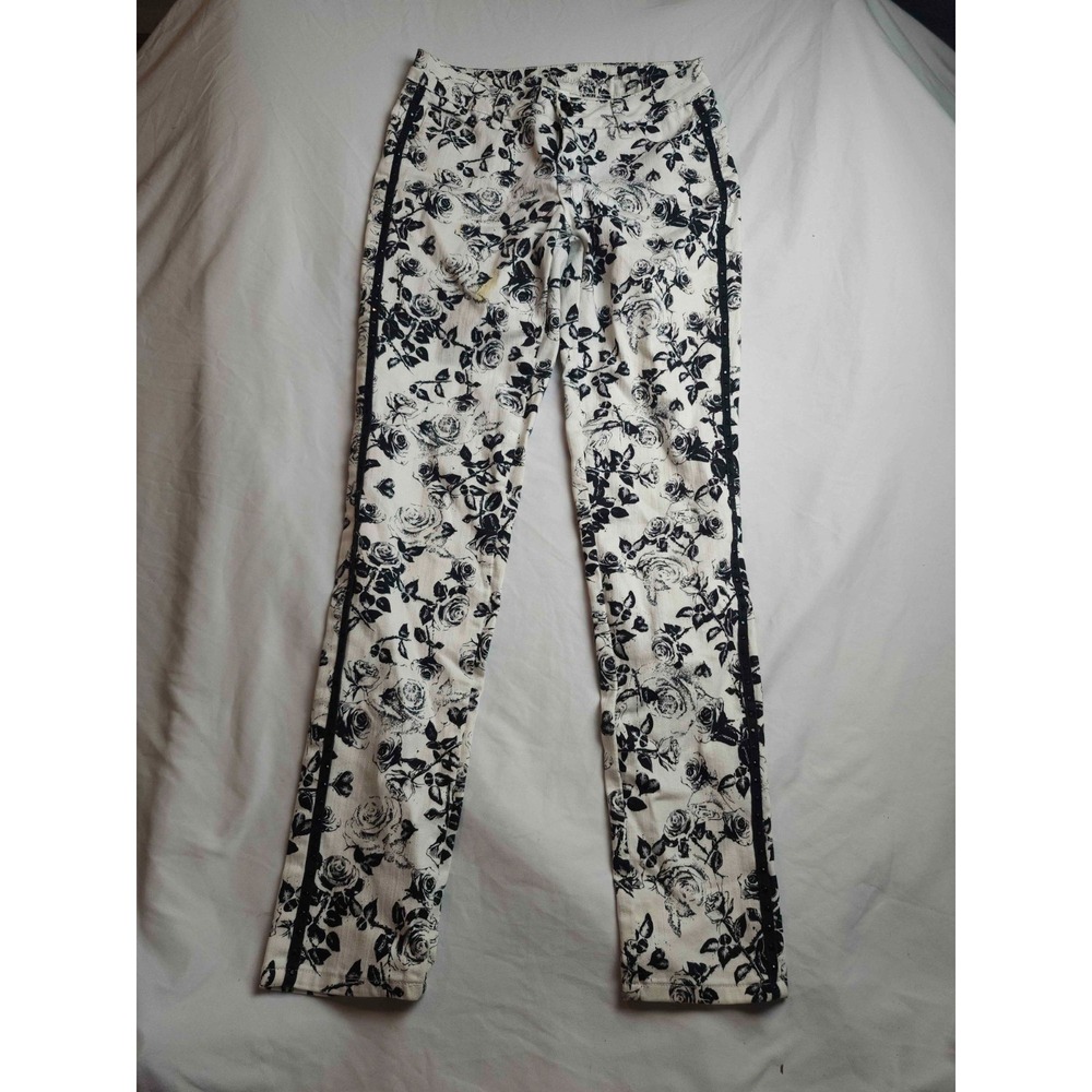 Justice Premium Jeans Womens 16R White Black Floral Rose Denim Rhinestone Skinny
